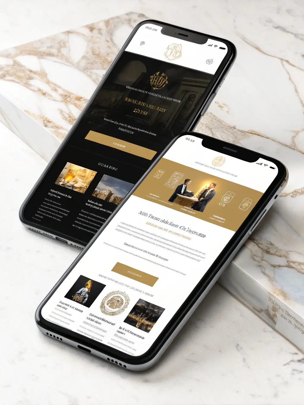 A sleek, modern website design showcasing a black and gold color scheme with subtle AI-inspired graphics, emphasizing luxury and innovation.
